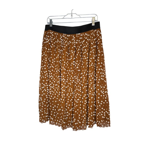 Pleated Polka Dot Midi Skirt Brown Elastic Waist Minimalist Coastal Grandma L - Picture 4 of 7
